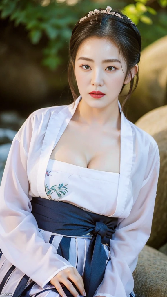 ((top quality, 8k, masterpiece: 1.3)),    beauty.   hidden face.     body slim thin seductive.  ((Queen's Mother. Korean royal empress)),     very detailed lips,     detailed eyes,     double eyelid,    face with makeup.    lipstick.     hair accessories,      hair bun.

((Wet hanbok)),

long legs_whole body.    sit down.     on the rocks.     at the edge of the waterfall, (((busty)))