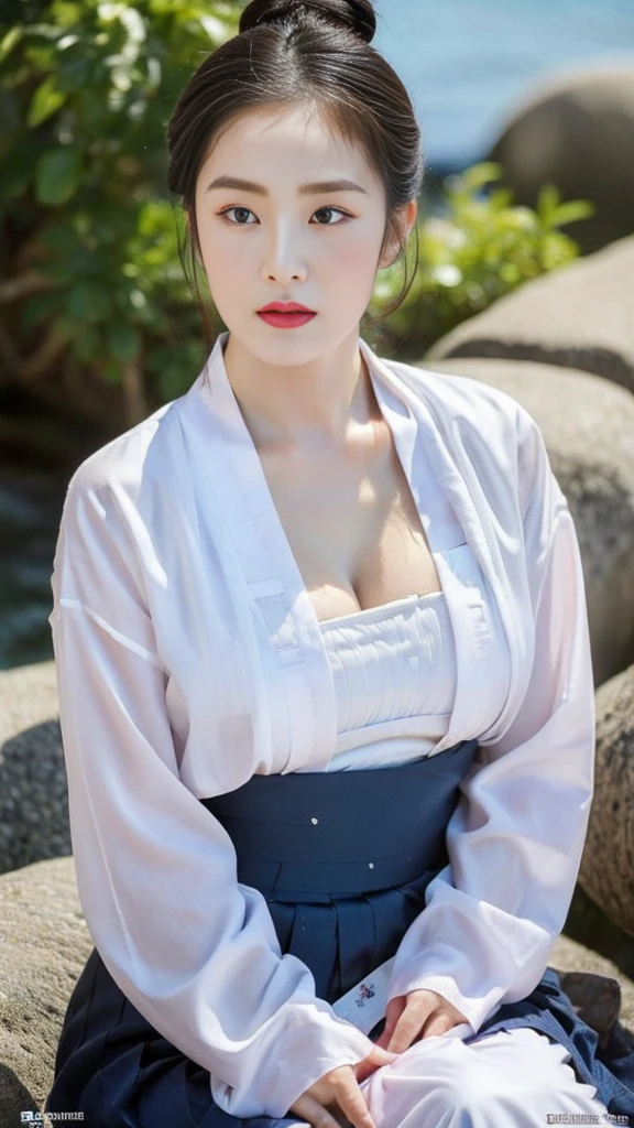 ((top quality, 8k, masterpiece: 1.3)),    beauty.   hidden face.     body slim thin seductive.  ((Queen's Mother. Korean royal empress)),     very detailed lips,     detailed eyes,     double eyelid,    face with makeup.    lipstick.     hair accessories,      hair bun.

((Wet hanbok)),

long legs_whole body.    sit down.     on the rocks.     at the edge of the waterfall, (((busty)))