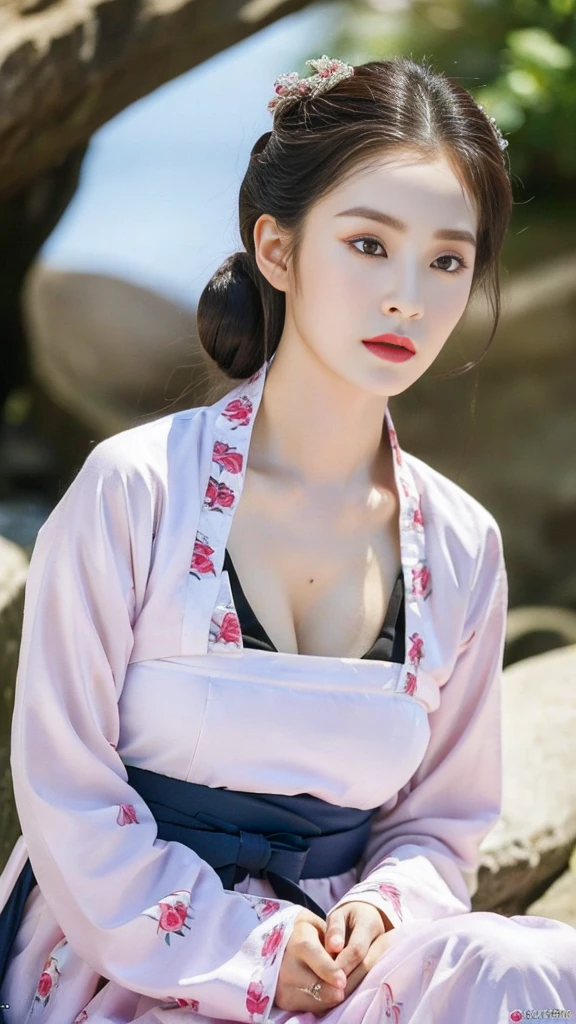 ((top quality, 8k, masterpiece: 1.3)),    beauty.   hidden face.     body slim thin seductive.  ((Queen's Mother. Korean royal empress)),     very detailed lips,     detailed eyes,     double eyelid,    face with makeup.    lipstick.     hair accessories,      hair bun.

((Wet hanbok)),

long legs_whole body.    sit down.     on the rocks.     at the edge of the waterfall, (((busty)))