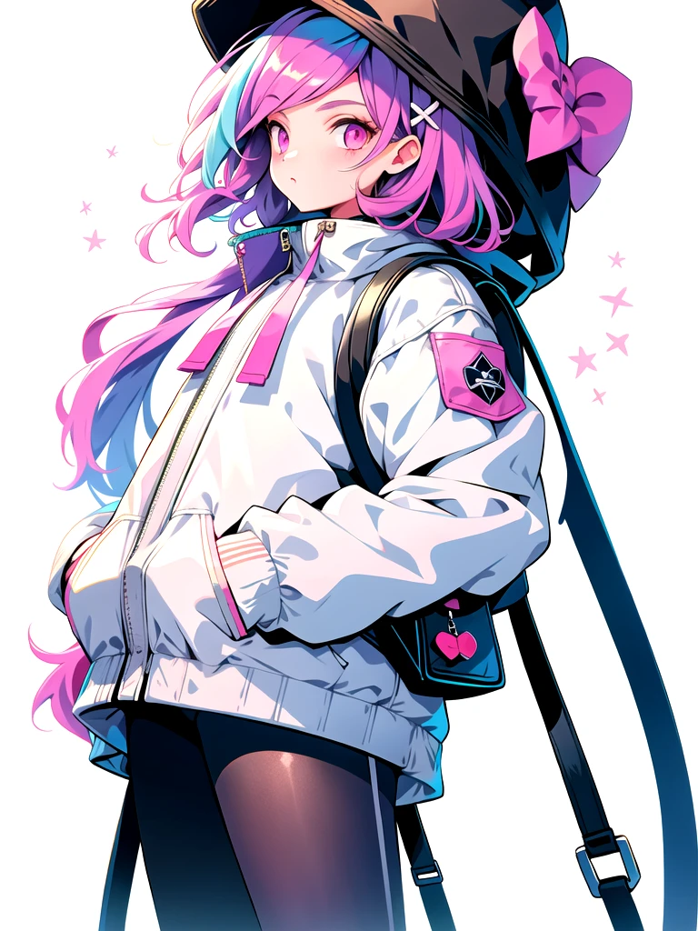 mn,1girl,jacket,bag,hat,pink eyes,pink hair,backpack,skirt,white background,