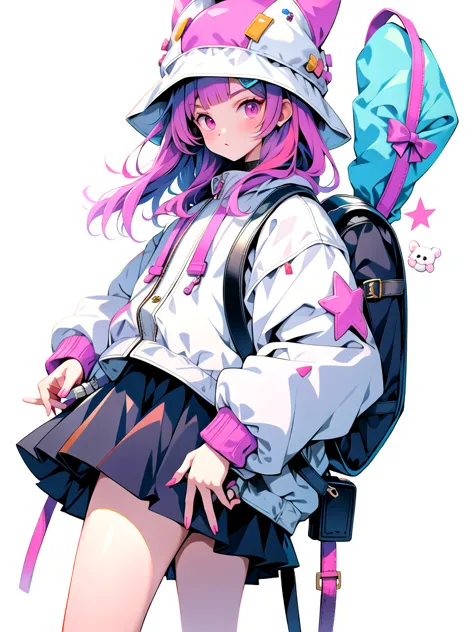 mn,1girl,jacket,bag,hat,pink eyes,pink hair,backpack,skirt,white background,