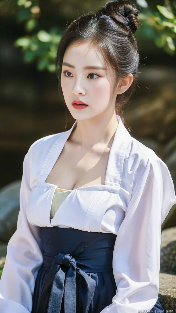 ((top quality, 8k, masterpiece: 1.3)),    beauty.   hidden face.     body slim thin seductive.  ((Queen's Mother. Korean royal empress)),     very detailed lips,     detailed eyes,     double eyelid,    face with makeup.    lipstick.     hair accessories,      hair bun.

((Wet hanbok)),

long legs_whole body.    sit down.     on the rocks.     at the edge of the waterfall, (((busty)))