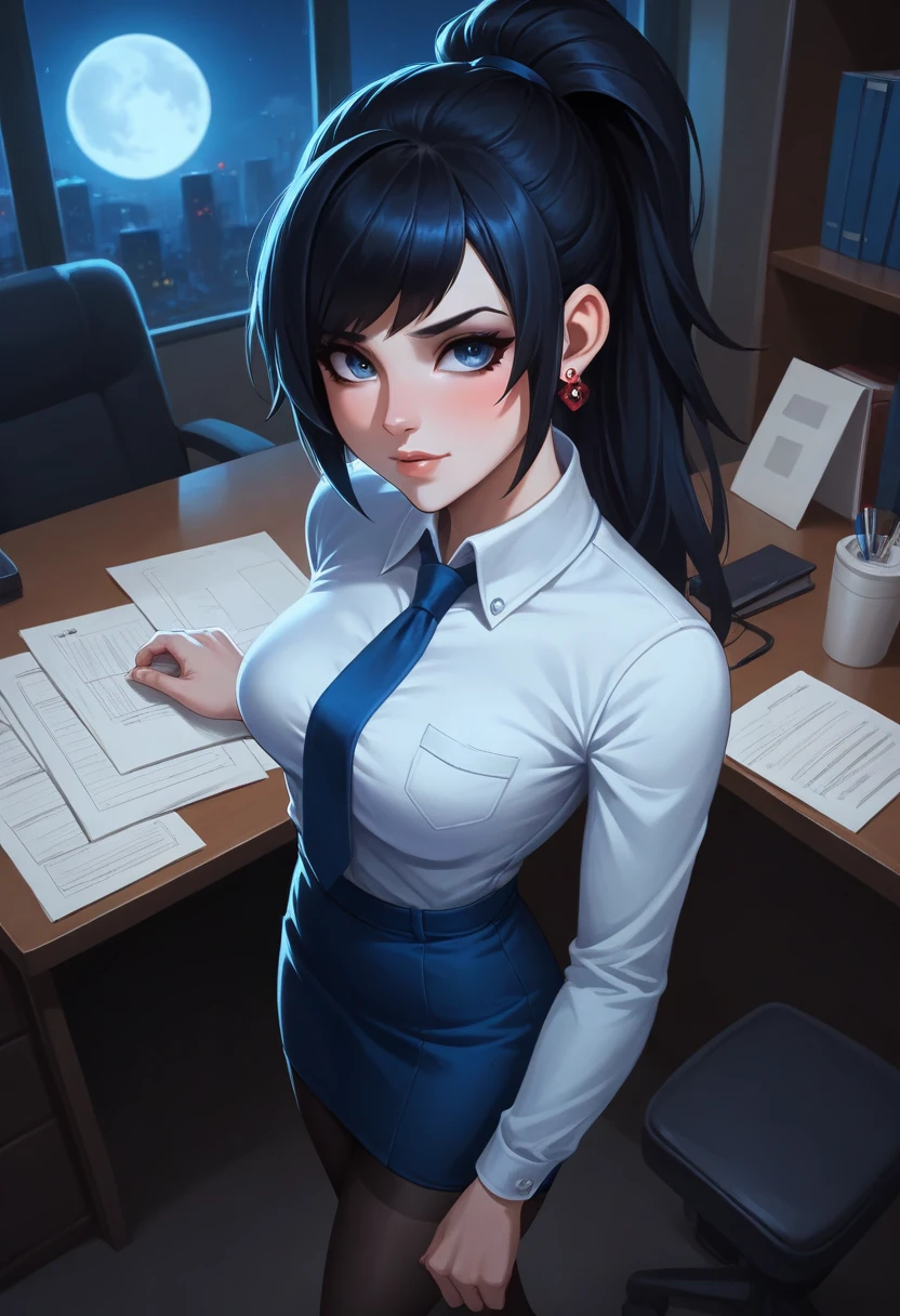 score_9, score_8_up, score_7_up,score_6_up, score_5_up, 1girl, 20 years old, solo, pretty face long black hair, bangs, ponytail, dark blue eyes, light blush, light makeup, medium perky breasts, seductive eyes, moon earrings, skirt suit, (((three-piece suit))), (((dress shirt))), (((necktie))), (((blazer))), (((suit jacket))), (((waistcoat))), double-breasted waistcoat, (((bodycon pencil skirt))), (((stockings))), high heels, pocket square, cufflinks, tie clip, tight clothing, formal clothing, exhausted, seductive, heavy blush, looking up, eyes up, mischievous grin, detailed background, night, moonlight, inside, office, volumetric lighting, vivid colours, from above, full body shot, 