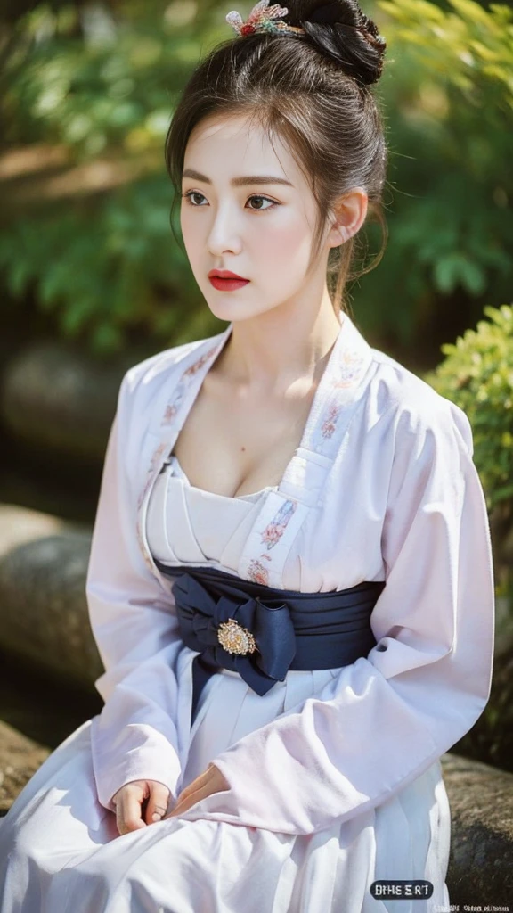 ((top quality, 8k, masterpiece: 1.3)),    beauty.   hidden face.     body slim thin seductive.  ((Queen's Mother. Korean royal empress)),     very detailed lips,     detailed eyes,     double eyelid,    face with makeup.    lipstick.     hair accessories,      hair bun.

((Wet hanbok)),

long legs_whole body.    sit down.     on the rocks.     at the edge of the waterfall, (((busty)))