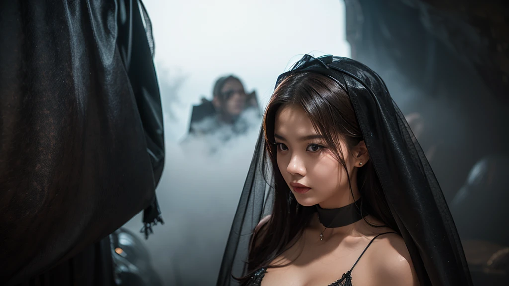 a girl  23 YEARS OLD,((black wedding dress, black wedding veil, FRONTAL,a lot of FOG AND MIST)), at a cave rock, surreal landscapes,dark fantasy art, a lot of fog around, ethereal glow, (ghostly effect:1), masterpiece, perfect anatomy, 32k UHD resolution, best quality, highly details, realistic photo, professional photography,cinematic view, cinematic angle, octane render, looking at viewer, Malay girl, MEDIUM SHOOT