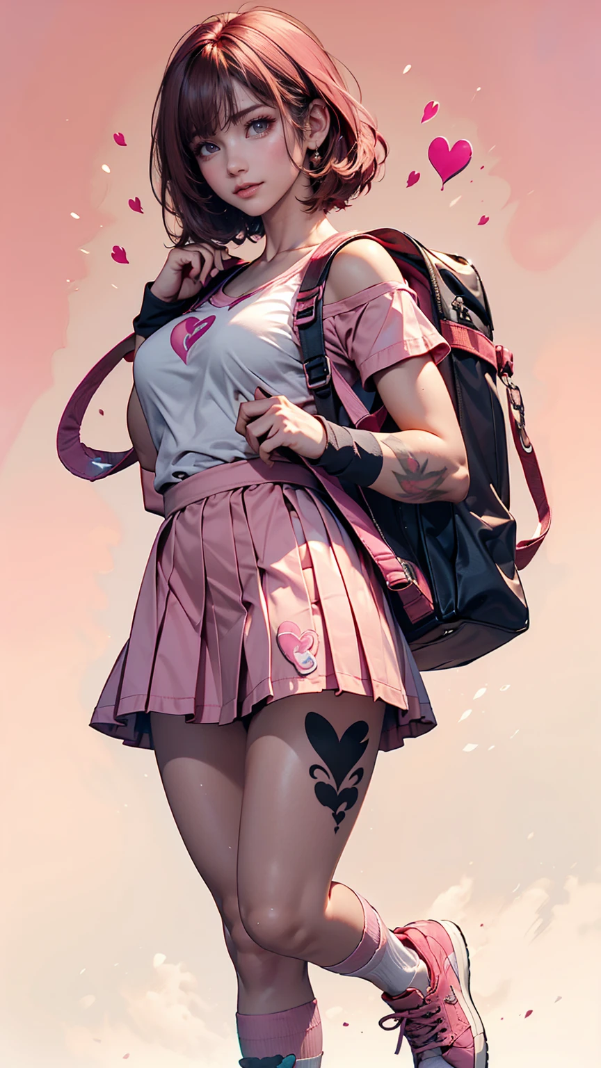 24-year-old female、Off-the-shoulder dress、Tattoo of an arrow through a heart on his chest、Top view、Pink Hair Color、Shortcuts((short hair))、Pink mini pleated skirt、pink socks、Pink athletic shoes、Pink backpack、Skyscraper background
