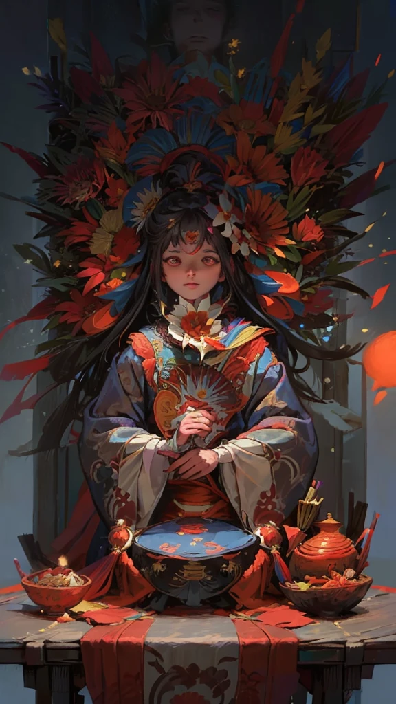 höchste Qualität, pixiv, schwarzes Haar, Haarschmuck, Kimono, hair Blume, Blume, Kimono, Maske, Ein Mädchen, Sitzung, lange Haare, mit eigenen Händen, Betrachten Sie Ihre Zuschauer, 6+Junge, beten, multiple Junge, Blumenmuster-Druck, weite Ärmel, Chiaroscuro, filmische Beleuchtung, (Meisterwerk:1.2), UHD, hohe Details, beste Qualität, highres, 8k