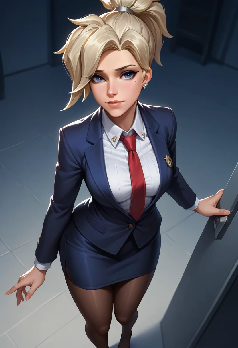 score_9, score_8_up, score_7_up,score_6_up, score_5_up, 1girl, Mercy (Overwatch), solo, pretty face, blonde hair, ponytail, light blush, light makeup, medium perky breasts, seductive eyes, skirt suit, (((three-piece suit))), (((dress shirt))), (((necktie))), (((blazer))), (((suit jacket))), (((waistcoat))), double-breasted waistcoat, (((bodycon pencil skirt))), (((stockings))), high heels, pocket square, cufflinks, tie clip, tight clothing, formal clothing, bedroom eyes, seductive, heavy blush, looking up, eyes up, mischievous grin, detailed background, night, moonlight, inside, office, volumetric lighting, vivid colours, from above, full body shot, sexy, 