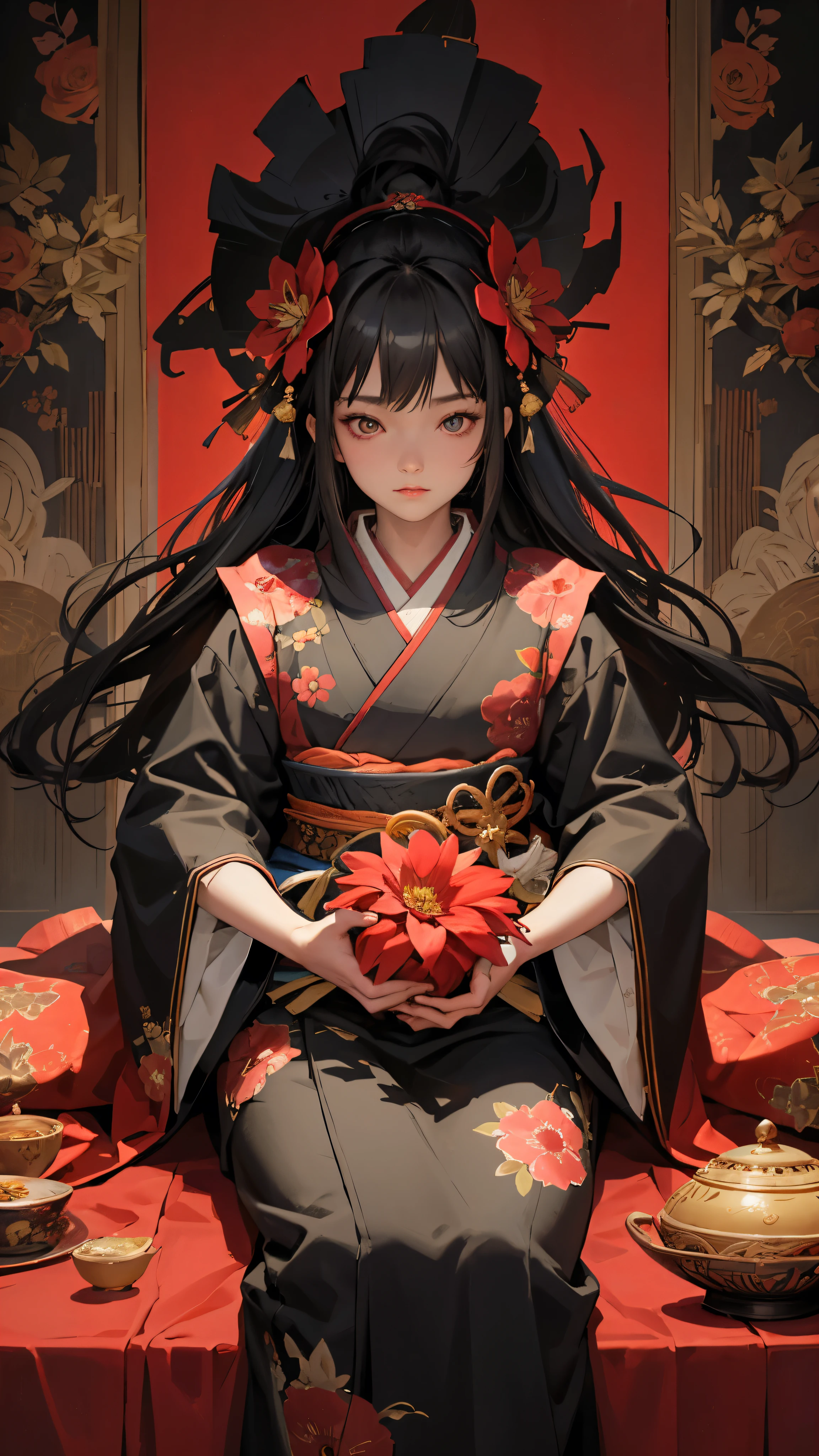 Highest quality, Pixiv, Black Hair, hair ornaments, kimono, hair flower, flower, kimono, mask, One girl, Sitting, Long Hair, with own hands, View your viewers, 6+boy, pray, multiple boy, Flower pattern print, Wide sleeves, chiaroscuro, cinematic lighting, (masterpiece:1.2), UHD, high details, best quality, highres, 8k