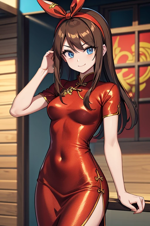 adult_skinny_may_from_pokemon, (red_shiny_cheongsam_dress_with_yellow_pattern | very_glossy_silk_material | ultra_shiny_fabric | floral_pattern_only_on_dress), (short_sleeves | short_dress), (beautiful long hair | brown hair), red_hairband, (blue_eyes), motivated_pose, evil, villain, evil_smile, skinny, small_breasts, town_in_background, female, high resolution, 8k, cowboy shot