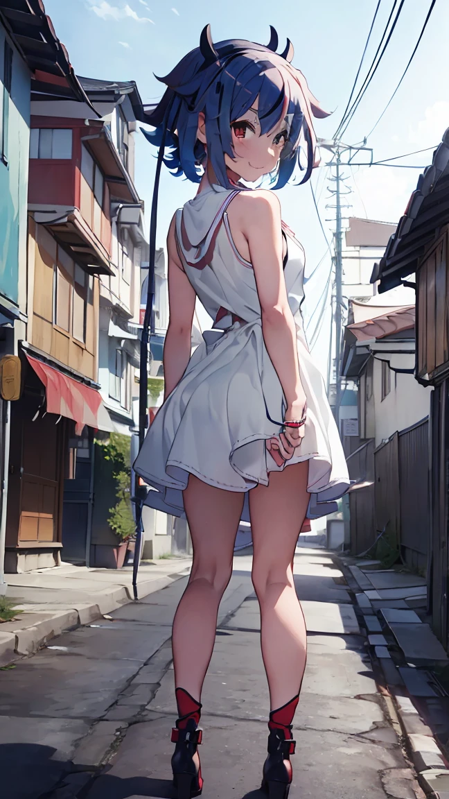 masterpiece, Highest quality, High resolution, Very detailed,(((Mikoto Naruka))), (((Alley)))、(((electric wire)))、(((smile)))、(((Standing in the distance))), Wearing a white dress。, Electric pole, evening, Turning back and looking behind。