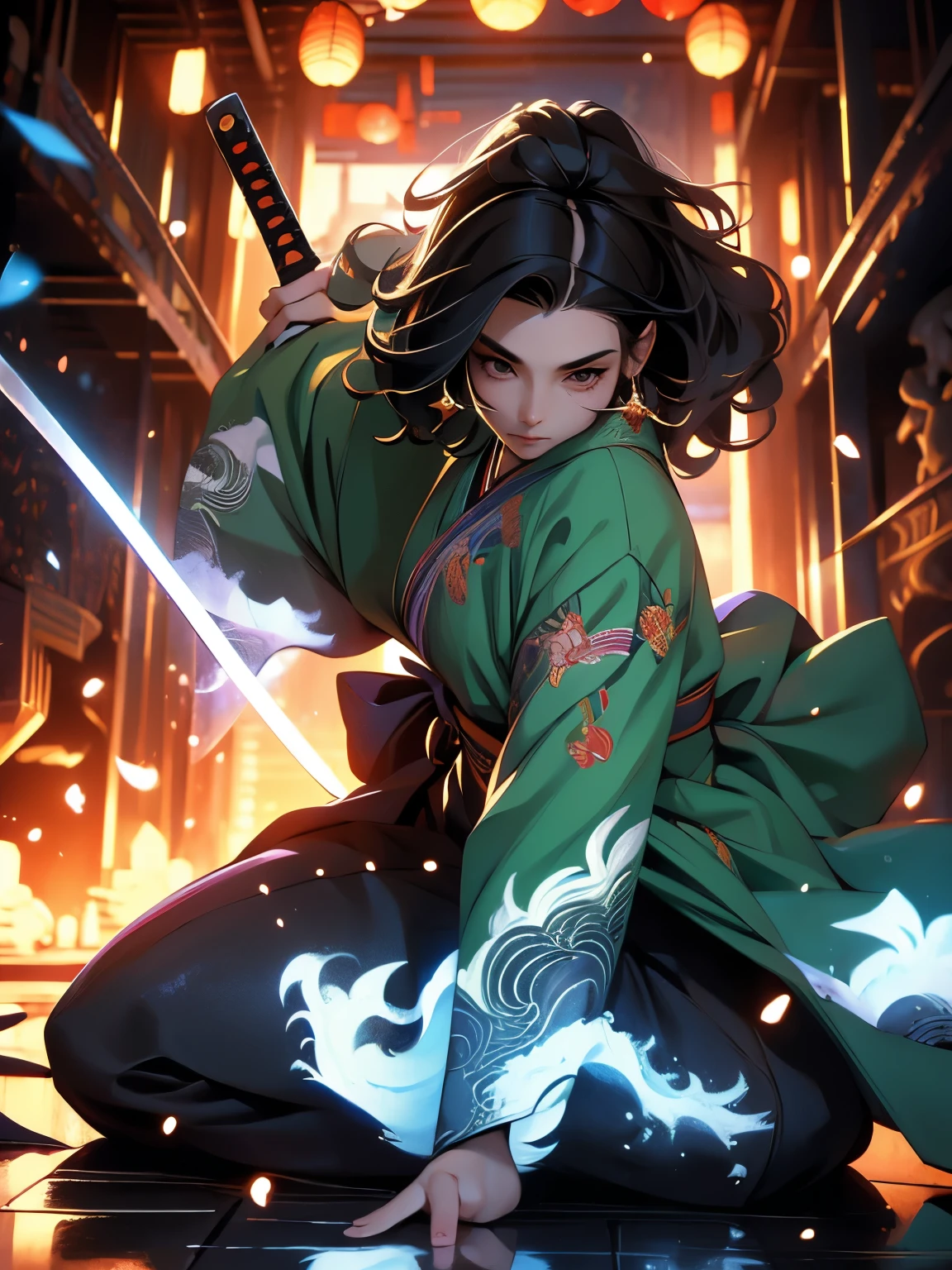 ((masterpiece)),  (high quality), 1 Female, A painting of a woman wearing a kimono and holding a sword, She has long black hair, She has a sword, Dynamically brandishing the sword、Full of energy,Maid, Samurai, Black-haired wizard