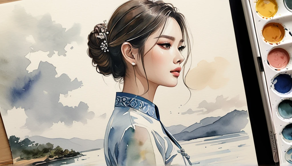 A close-up of a person standing alone at a scenic overlook, staring into the distance, with a melancholic expression. The sky is overcast, reflecting the mood of the lyrics. ((imperfect water color background)), sketching, realistic drawing, imperfect water color painting, fashion look book, fashion illustrator, sketch design,  the image boasts high-quality, Lanna, North Thai traditional costume.