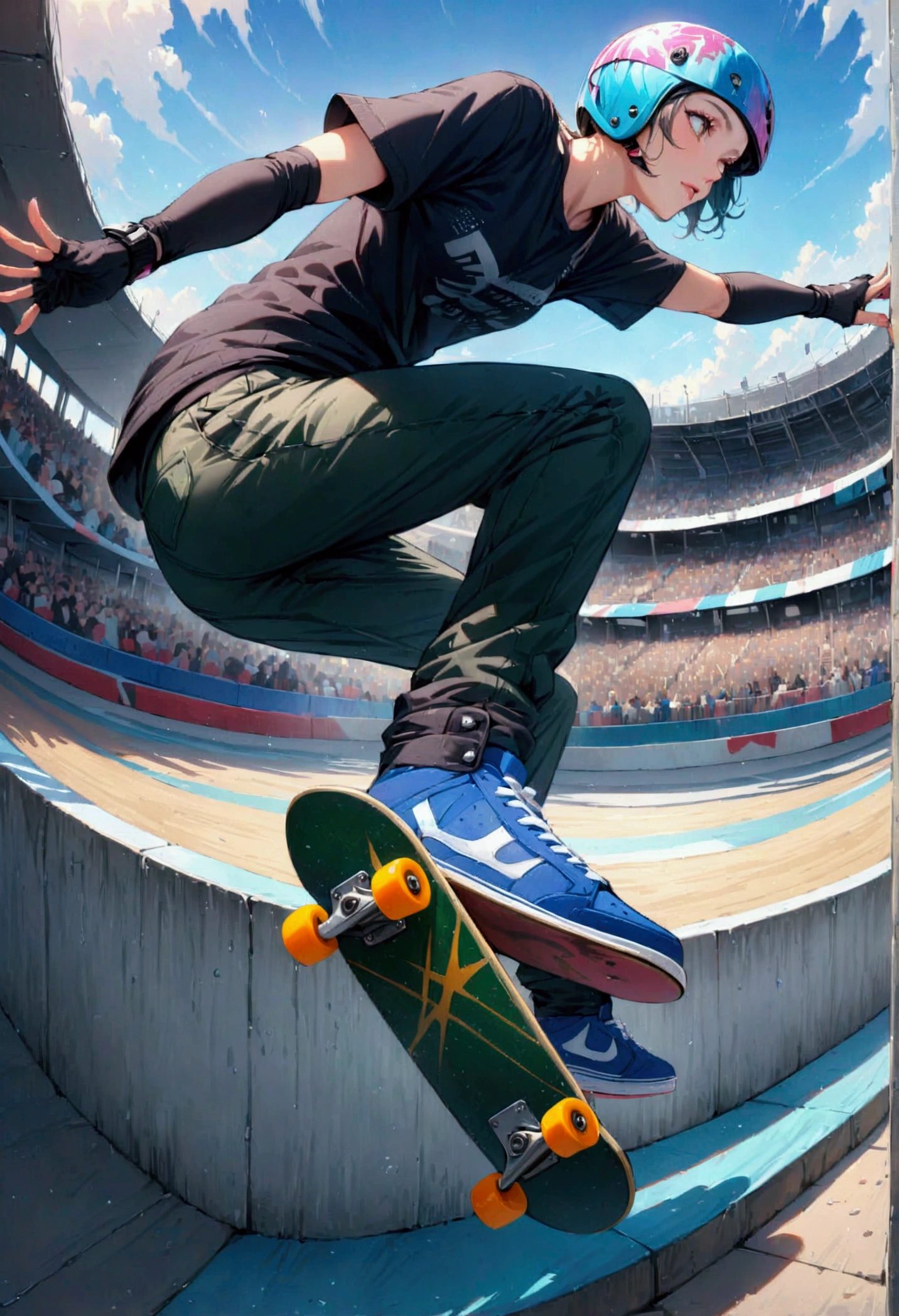 skateboard athlete, Skateboarding, Skateboarder, (masterpiece:1.2), best quality, high quality, Highres, (hyper detailed), detailed skateboard, skateboard focus, skateboard shoes, skate helmet, Olympic Skate Park, audience, big air,