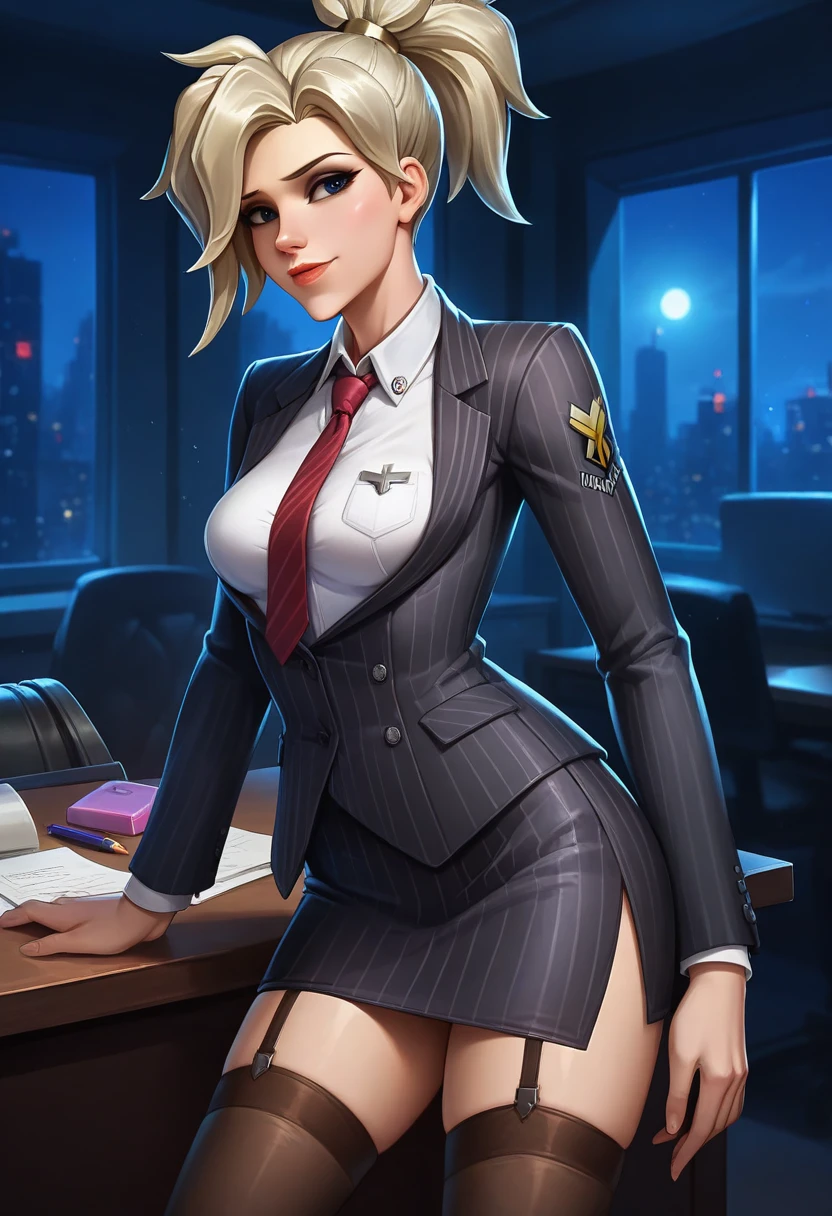 score_9, score_8_up, score_7_up,score_6_up, score_5_up, 1girl, Mercy (Overwatch), solo, pretty face, blonde hair, ponytail, light blush, makeup, lipstick, medium perky breasts, seductive eyes, navy pinstripe skirt suit, (((three-piece suit))), (((dress shirt))), (((silk necktie))), (((blazer))), (((suit jacket))), (((waistcoat))), double-breasted waistcoat, (((bodycon pencil skirt))), (((stockings))), high heels, pocket square, cufflinks, tie clip, tight clothing, formal clothing, bedroom eyes, seductive, heavy blush, smile, detailed background, night, moonlight, inside, office, volumetric lighting, vivid colours, sitting on office chair, full body shot, sexy, 