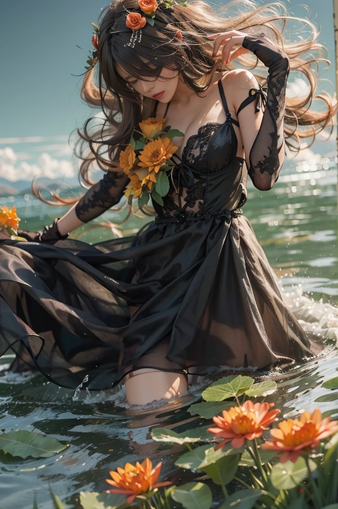 black dress,long dress,flower,black rose, (Beautiful woman floating on the lake:1.3), #1: Bright Light Brown and Orange Streaked Hair,Lovely smile,Perfect round face,A cheerful smile makes the audience happy,Proper body proportions,On the table,Ultra-high quality output images,high resolution,Intricate details,Hair blowing in the wind，Very delicate and beautiful,Photo-realistic,Dreamy,Professional lighting,Realistic shadows,Beautiful hands,Beautiful fingers,Detailed finger features,Detailed clothing features,Detailed hair features,Detailed facial features,