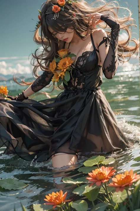 black dress,long dress,flower,black rose, (beautiful woman floating on the lake:1.3), #1: bright light brown and orange streaked...