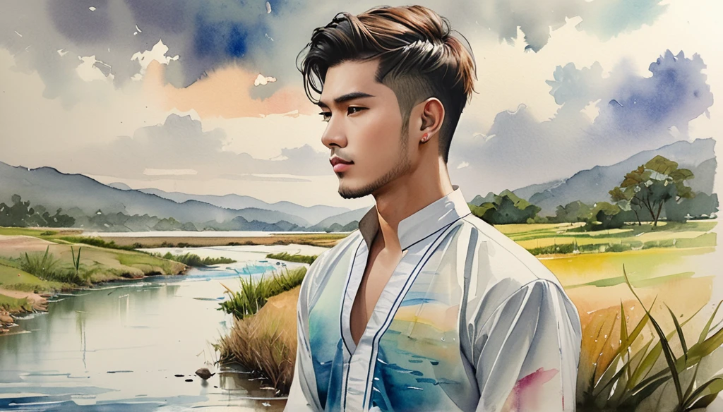 A close-up of a 24 years man Full size standing alone at a scenic overlook, staring into the distance, with a melancholic expression. The sky is overcast, reflecting the mood of the lyrics. ((imperfect water color background)), sketching, realistic drawing, imperfect water color painting, fashion look book, fashion illustrator, sketch design,  the image boasts high-quality, Lanna, North Thai traditional costume.