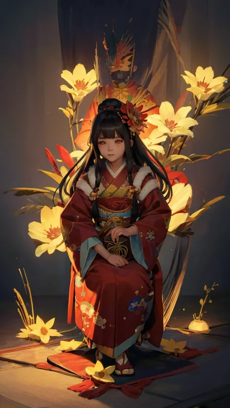 Highest quality, Pixiv, Black Hair, hair ornaments, kimono, hair flower, flower, kimono, mask, One girl, Sitting, Long Hair, wit...