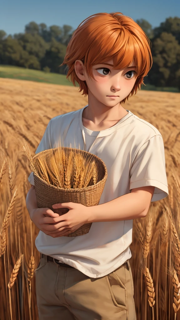  with small hair and small bangs, dry orange hair color, holds wheat in his hands