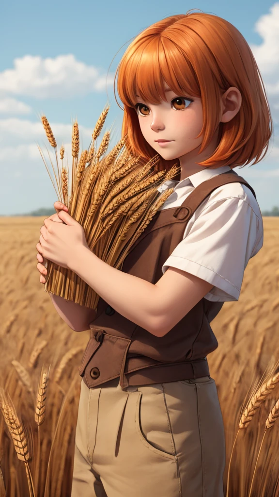  with small hair and small bangs, dry orange hair color, holds wheat in his hands