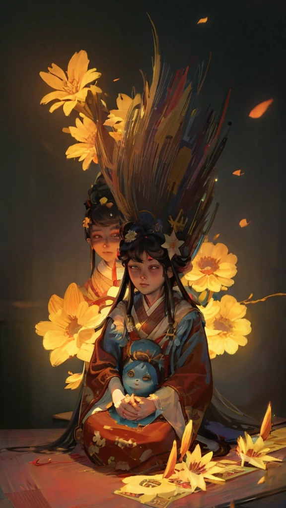 Highest quality, Pixiv, Black Hair, hair ornaments, kimono, hair flower, flower, kimono, mask, One girl, Sitting, Long Hair, with own hands, View your viewers, 6+boy, pray, multiple boy, Flower pattern print, Wide sleeves, chiaroscuro, cinematic lighting, (masterpiece:1.2), UHD, high details, best quality, highres, 8k