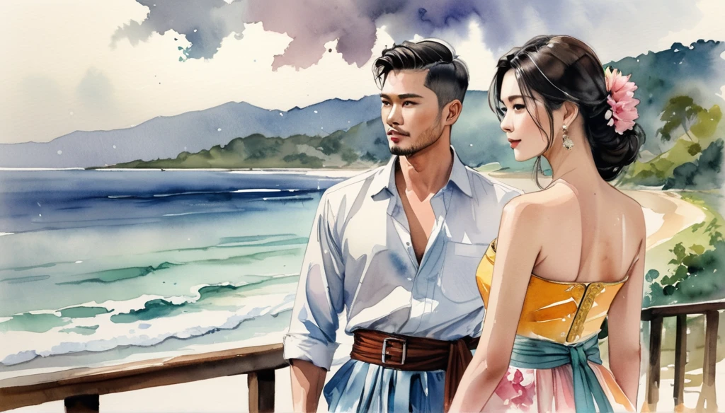 A close-up of a 24 years man and Her beautiful wife Full body Image walking together  beautiful sea side at a scenic overlook, staring into the distance, with a melancholic expression. The sky is overcast, reflecting the mood of the lyrics. ((imperfect water color background)), sketching, realistic drawing, imperfect water color painting, fashion look book, fashion illustrator, sketch design,  the image boasts high-quality, Lanna, North Thai traditional costume.