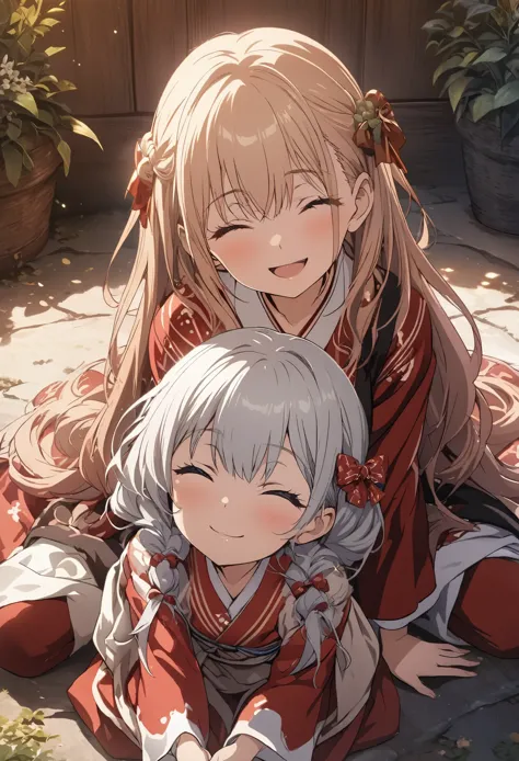2 Girls, masterpiece, Highest quality, Highly detailed CG Unity 8K wallpapers, High School Girl Anime Illustration. Wearing a red and white kimono, Sit up straight, lean your upper body forward, and bow, They both bow in gratitude., seiza, The background is red and white vertical stripes, Close your eyes and open your mouth, A big smile, Facing directly towards the viewer
