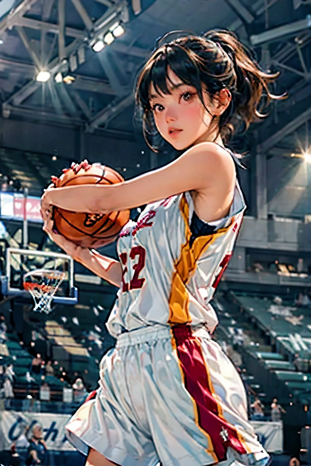 ((Female Basketball Player))、Young and beautiful girl、美しい顔のdetailedな描写、alone、(scence of slam dunk)、(dunk shot)、(Jumping Chute)、Goal Post、close、Motion Blur、Dynamic Angle、stadium lighting、Blur the background、8Kdetailed、(detailed、masterpiece、Highest quality)、