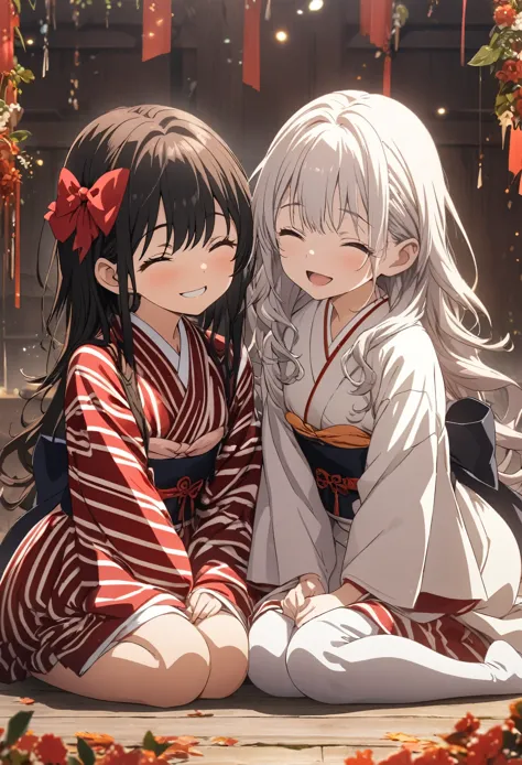2 Girls, masterpiece, Highest quality, Highly detailed CG Unity 8K wallpapers, High School Girl Anime Illustration. Wearing a red and white kimono, Sit up straight, lean your upper body forward, and bow, They both bow in gratitude., seiza, The background is red and white vertical stripes, Close your eyes and open your mouth, A big smile, Facing directly towards the viewer