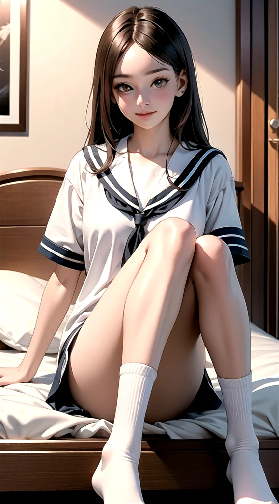 indoor, bedroom, sitting on bed:1.1, ((W sitting)), , long hair, brown hair, brown eyes, (perfect skin, realistic skin), seifuku, white shirt, white socks, white panty, fine fabric emphasis, sexy:1.1, smile, blush:1.2,  TakagiSanFirstStyle, (master piece:1.4, best quality:1.4, intricate details, highres, 8K, 4K, UHD, Ultra Detailed 8K CG, ultra high res, High quality texture, High quality shadow, HDR), nsfw