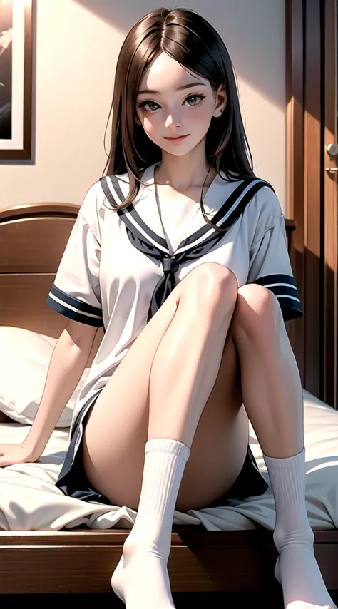 indoor, bedroom, sitting on bed:1.1, ((w sitting)), , long hair, brown hair, brown eyes, (perfect skin, realistic skin), seifuku...