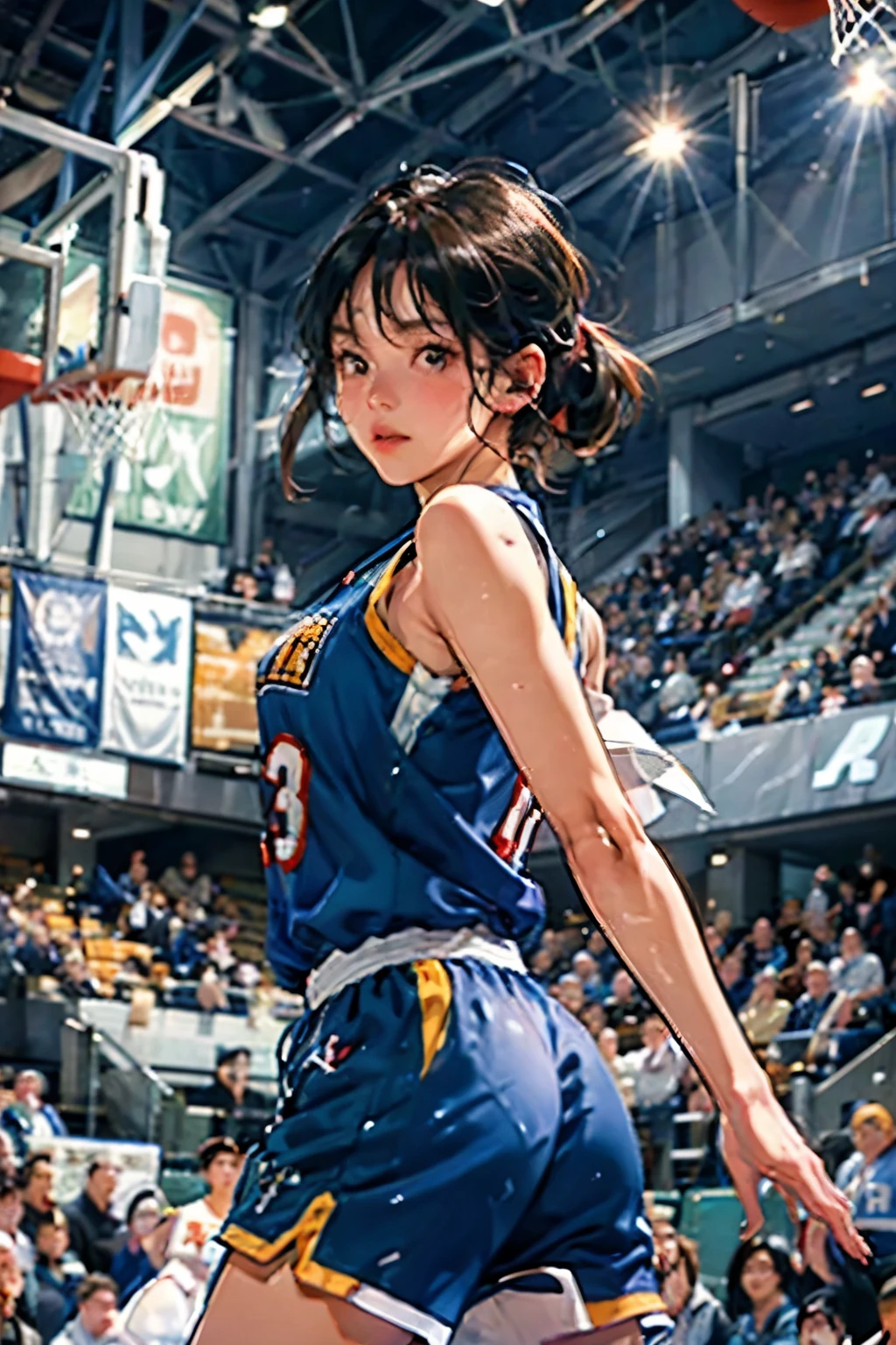 ((Female Basketball Player))、Young and beautiful girl、美しい顔のdetailedな描写、alone、(scence of slam dunk)、(dunk shot)、(Jumping Chute)、Basketball Hoop, Basketball Net、close、Motion Blur、Dynamic Angle、stadium lighting、Blur the background、8Kdetailed、(detailed、masterpiece、Highest quality)、