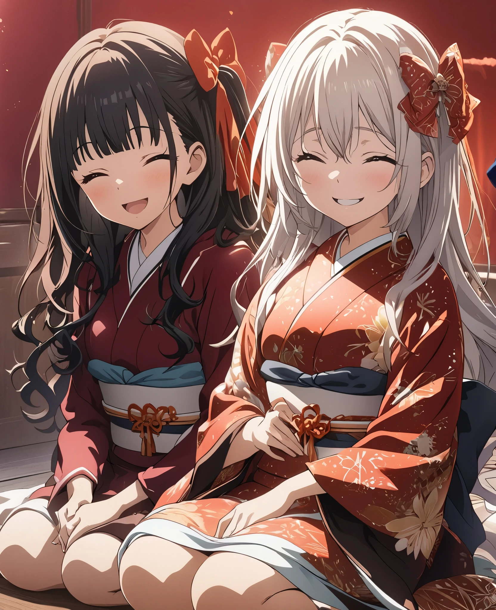 2 filles, chef-d&#39;œuvre, la plus haute qualité, fonds d&#39;écran CG Unity 8k très détaillés, Illustration d&#39;anime de lycéenne. Porter un kimono rouge et blanc, Se redresser, Penchez le haut de votre corps vers l’avant, et s&#39;incliner, Ils s&#39;inclinent tous les deux en signe de gratitude., seiza, fond rouge, ferme les yeux et ouvre la bouche, Un grand sourire, Regarder le public,