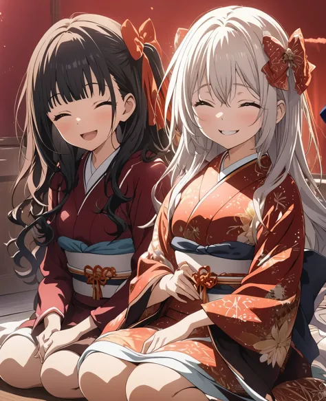 2 Girls, masterpiece, Highest quality, Highly detailed CG Unity 8K wallpapers, High School Girl Anime Illustration. Wearing a red and white kimono, Sit up straight, lean your upper body forward, and bow, They both bow in gratitude., seiza, Red background, Close your eyes and open your mouth, A big smile, Watching the audience,