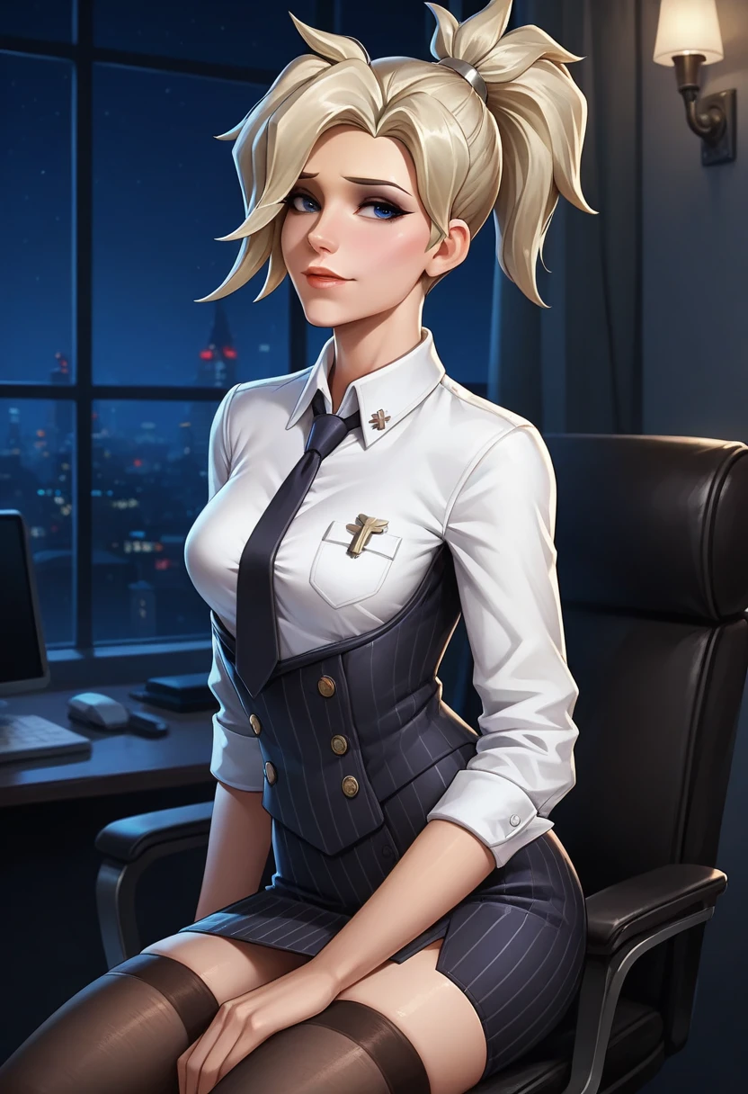 score_9, score_8_up, score_7_up,score_6_up, score_5_up, 1girl, Mercy (Overwatch), solo, pretty face, blonde hair, ponytail, light blush, makeup, lipstick, medium perky breasts, seductive eyes, navy pinstripe skirt suit, (((three-piece suit))), (((dress shirt))), (((silk necktie))), (((blazer))), (((suit jacket))), (((waistcoat))), double-breasted waistcoat, (((bodycon pencil skirt))), (((stockings))), high heels, pocket square, cufflinks, tie clip, tight clothing, formal clothing, bedroom eyes, seductive, heavy blush, smile, detailed background, night, moonlight, inside, office, volumetric lighting, vivid colours, sitting on office chair, full body shot, sexy, 