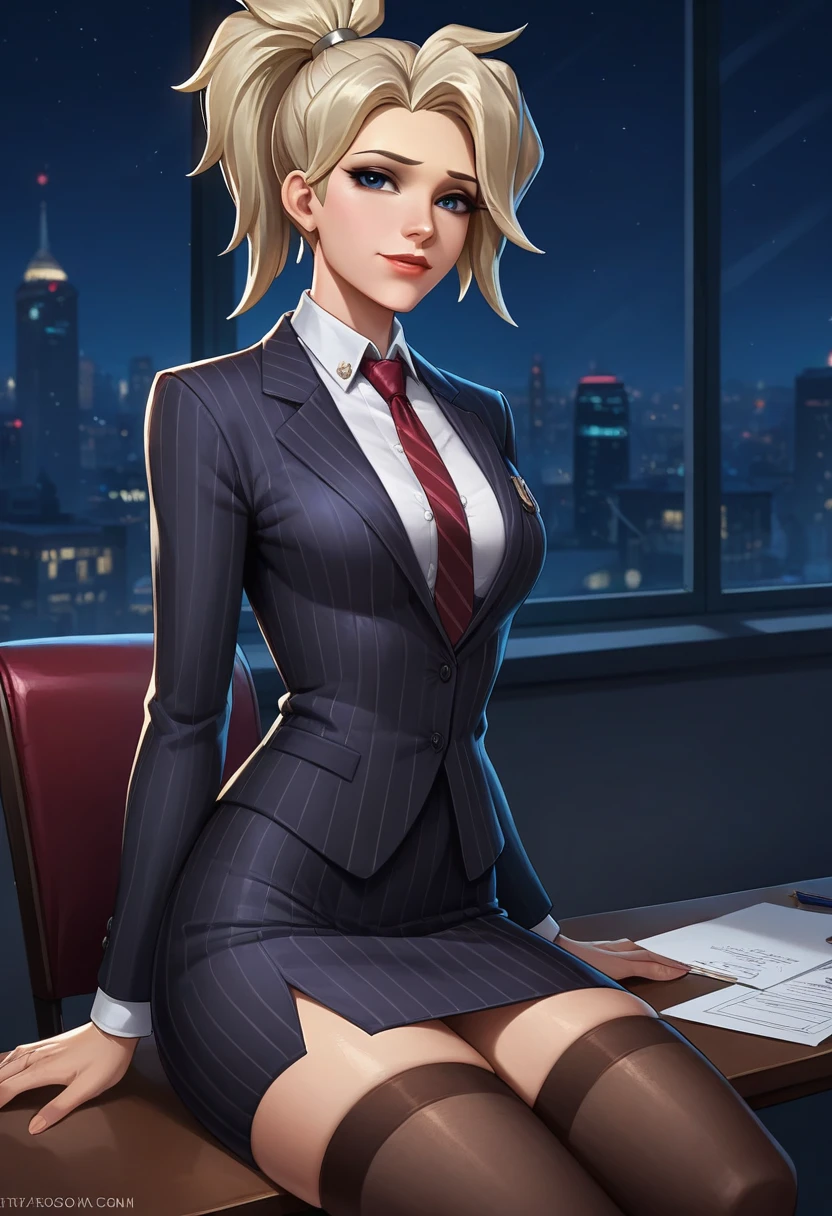 score_9, score_8_up, score_7_up,score_6_up, score_5_up, 1girl, Mercy (Overwatch), solo, pretty face, blonde hair, ponytail, light blush, makeup, lipstick, medium perky breasts, seductive eyes, navy pinstripe skirt suit, (((three-piece suit))), (((dress shirt))), (((silk necktie))), (((blazer))), (((suit jacket))), (((waistcoat))), double-breasted waistcoat, (((bodycon pencil skirt))), (((stockings))), high heels, pocket square, cufflinks, tie clip, tight clothing, formal clothing, bedroom eyes, seductive, heavy blush, smile, detailed background, night, moonlight, inside, office, volumetric lighting, vivid colours, sitting on office chair, full body shot, sexy, 