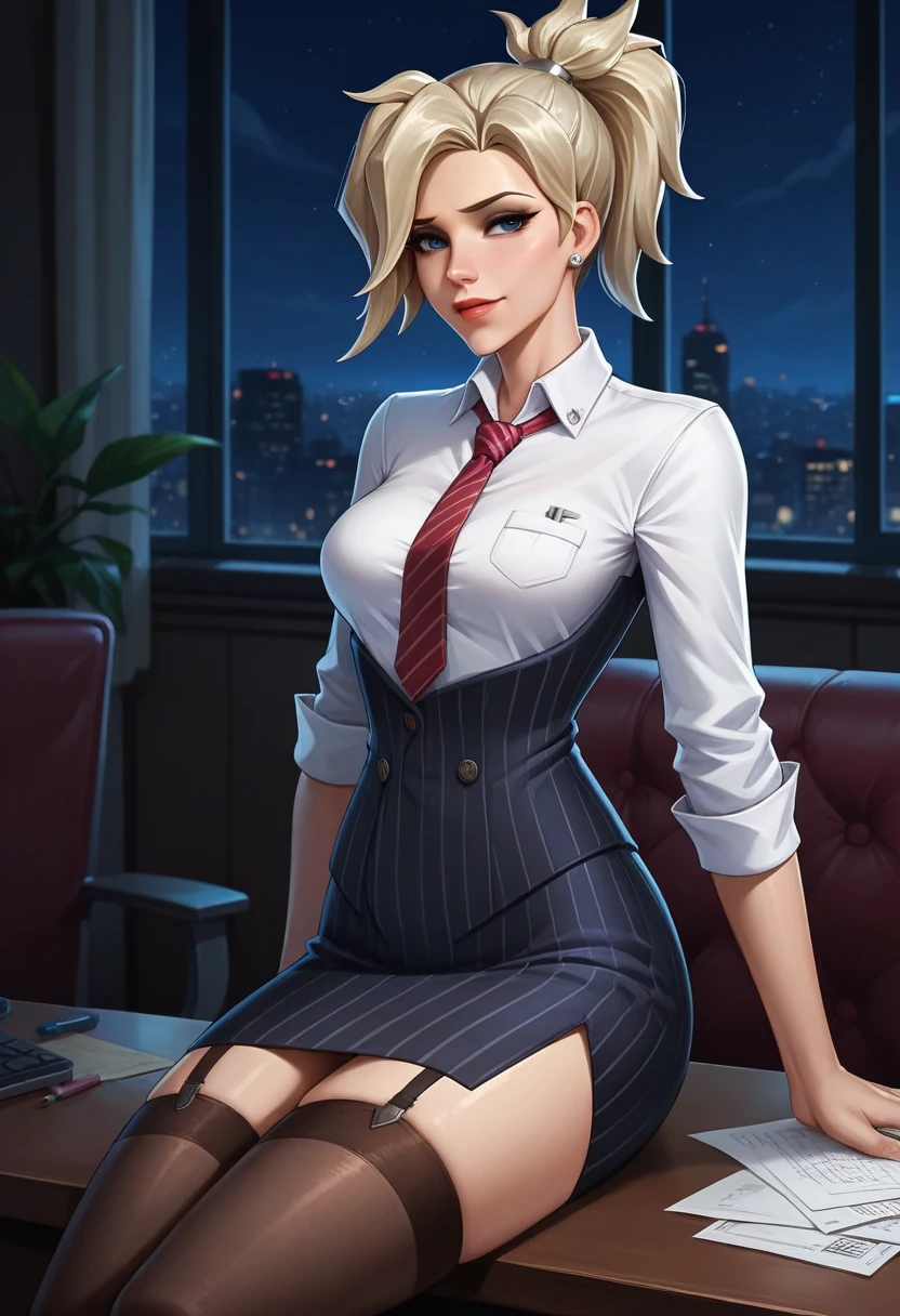 score_9, score_8_up, score_7_up,score_6_up, score_5_up, 1girl, Mercy (Overwatch), solo, pretty face, blonde hair, ponytail, light blush, makeup, lipstick, medium perky breasts, seductive eyes, navy pinstripe skirt suit, (((three-piece suit))), (((dress shirt))), (((silk necktie))), (((blazer))), (((suit jacket))), (((waistcoat))), double-breasted waistcoat, (((bodycon pencil skirt))), (((stockings))), high heels, pocket square, cufflinks, tie clip, tight clothing, formal clothing, bedroom eyes, seductive, heavy blush, smile, detailed background, night, moonlight, inside, office, volumetric lighting, vivid colours, sitting on office chair, full body shot, sexy, 