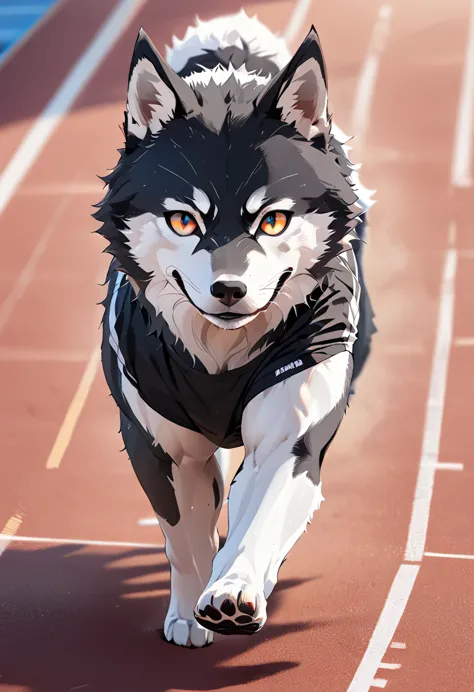 a photo finish shoot of a muscular anthomorph wolf on the running lane,  ((full body shot: 1.5)), ((anatomically correct: 1.5)) ...