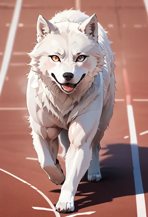 a photo finish shoot of a muscular anthomorph wolf on the running lane,  ((full body shot: 1.5)), ((anatomically correct: 1.5)) ...