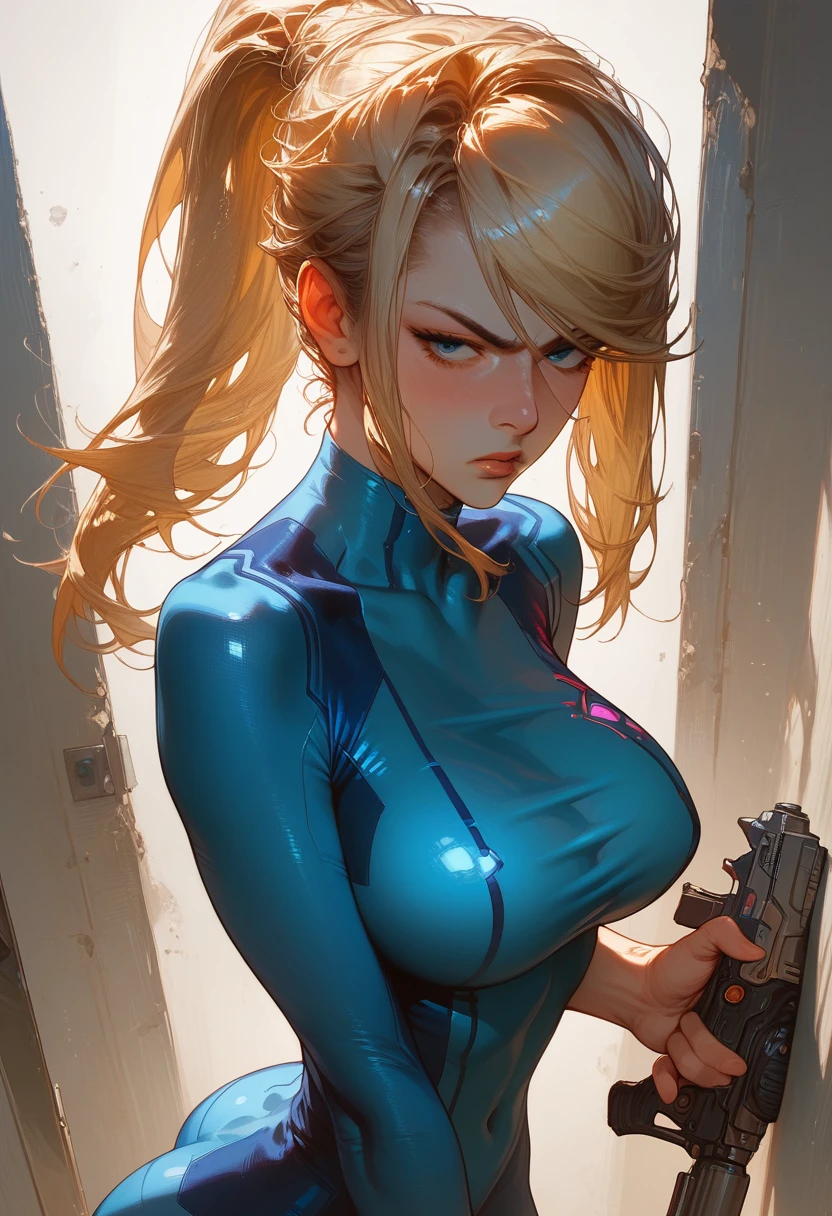 ((masterpiece)), sharp focus, 1girl,solo, Samus Aran, ponytail, blondie hair, large breast, big ass, zero suit, eyes blue (detailed:1.8), dramatic lighting, pretty girl, detailing face, detailing body, source_anime, athletic body, ass, looking on the viewer,  gun in hand, in full growth, angry