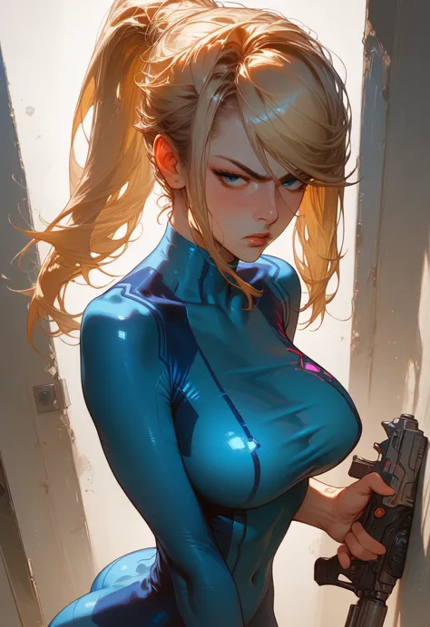 ((masterpiece)), sharp focus, 1girl,solo, samus aran, ponytail, blondie hair, large breast, big ass, zero suit, eyes blue (detai...