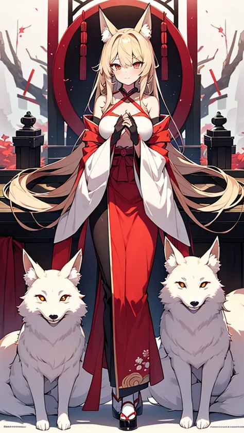 Full body image，{{A fox spirit that took over the body of a shrine maiden and transformed it into her own face and chest.}}，One ...