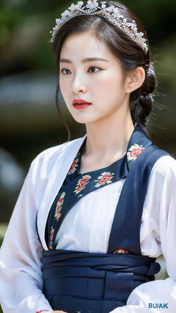 ((top quality, 8k, masterpiece: 1.3)),    beauty.   hidden face.     body slim thin seductive.  ((Queen's Mother. Korean royal empress)),     very detailed lips,     detailed eyes,     double eyelid,    face with makeup.    lipstick.     hair accessories,      hair bun.

((Wet hanbok)),

long legs_whole body.    sit down.     on the rocks.     at the edge of the waterfall, (((busty)))