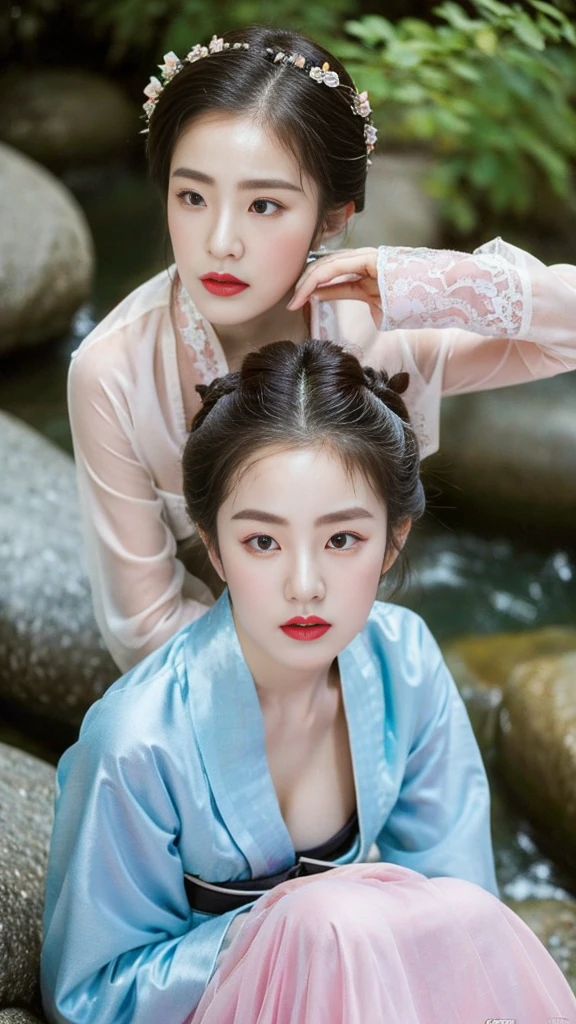 ((top quality, 8k, masterpiece: 1.3)),    beauty.   hidden face.     body slim thin seductive.  ((Queen's Mother. Korean royal empress)),     very detailed lips,     detailed eyes,     double eyelid,    face with makeup.    lipstick.     hair accessories,      hair bun.

((Wet hanbok)),

long legs_whole body.    sit down.     on the rocks.     at the edge of the waterfall, (((busty)))