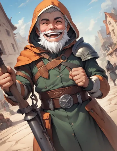 Solo, Score_9, score_8_up, score_7_up, male, RPG Art, Dwarf with white beard, in hood, shoulder cape, one shoulder armor piece, ...