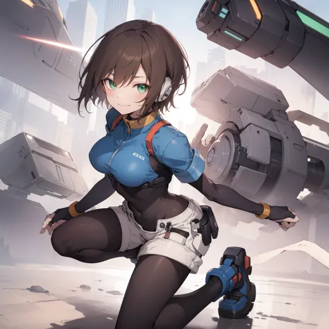 aile_megamanzx, kneeling with one hand on the ground and the other arm raised, 1girl, solo, short hair, brown hair, short sleeve...