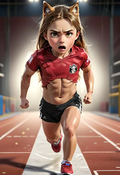 a photo finish shoot of a muscular anthomorph wolf on the running lane,  ((full body shot: 1.5)), ((anatomically correct: 1.5)) ...