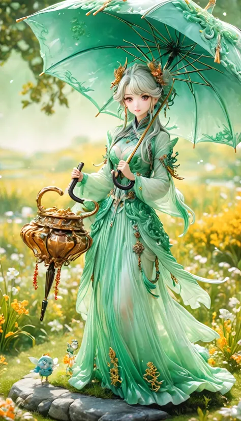 best quality, very good, 16K, ridiculous, Very detailed, charming(((Person holding an umbrella1.3)))，Made of translucent jadeite...