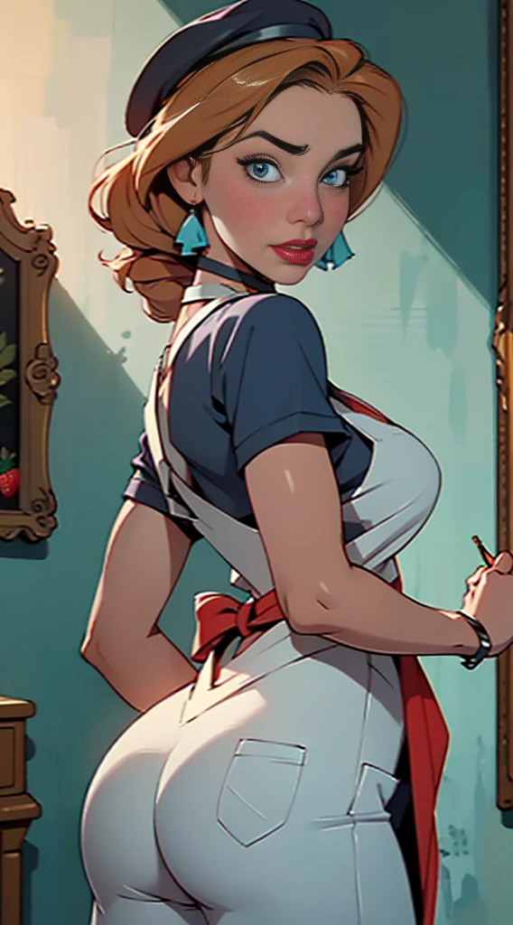 Harley Quinn, (best quality,highres),(realistic:1.37),(portrait),(studio lighting), ,solo mature woman,curvy, giant breasts, giant ass,straight strawberry blonde hair, dusty blue eyes,full lips, seductive, choker, painter's apron,painter's hat